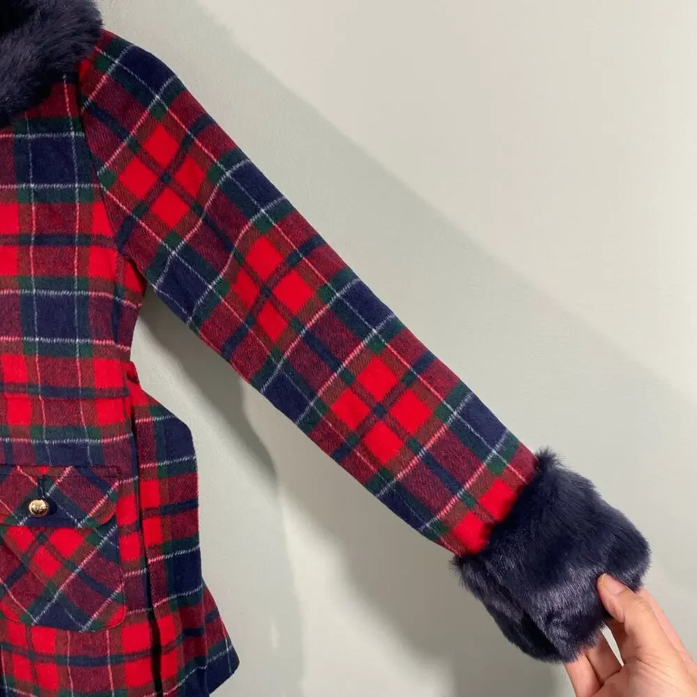 Janie & Jack X American Girl Navy & Red Tartan Plaid Fur-Trim Plaid Coat Sz 7-8
